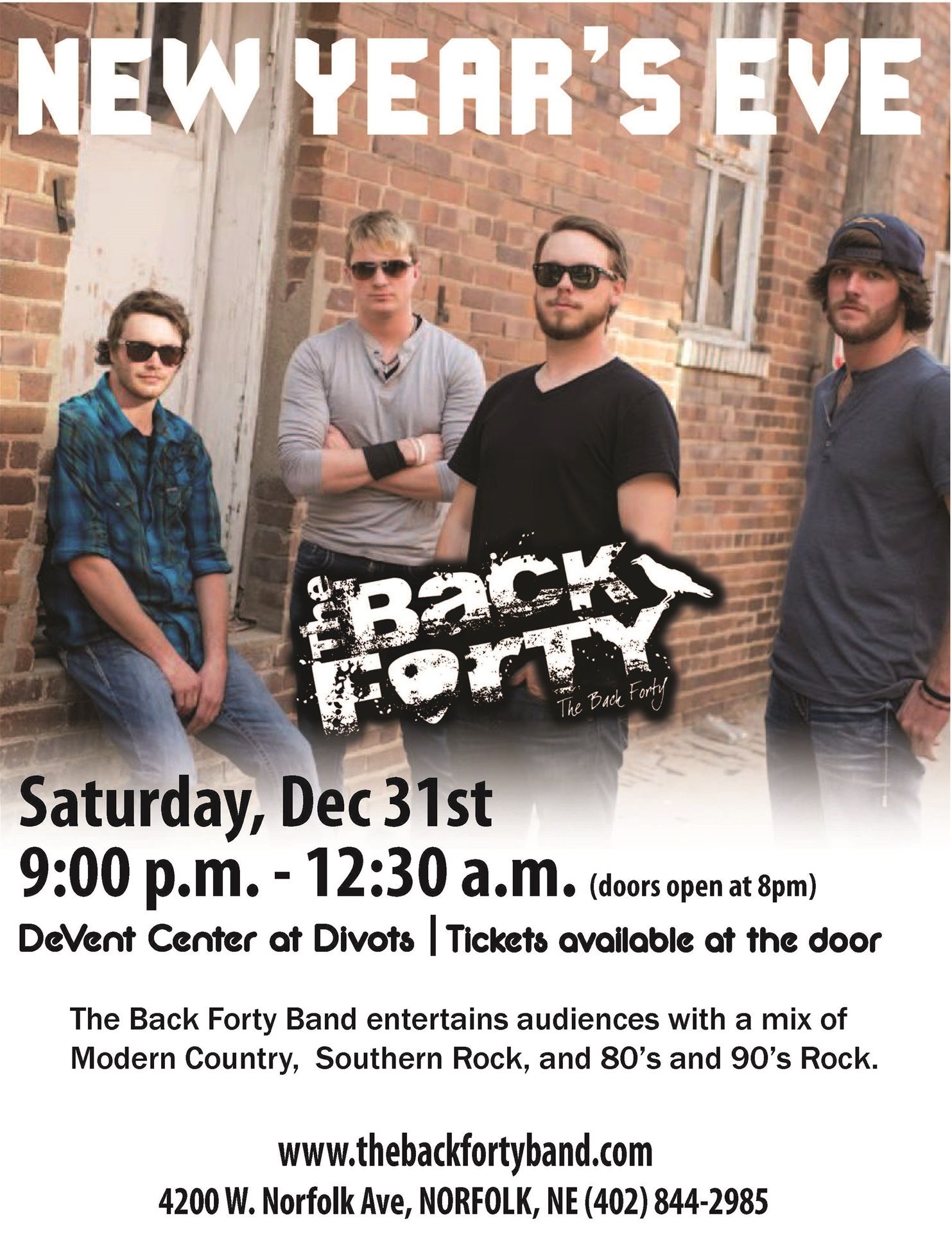 Live Music featuring The Back Forty at 
						Divots DeVent Center in Norfolk, Nebraska - 
						Northeast Nebraska Musicians The Back Forty   
						performing live at
						Divots DeVent Center in Norfolk, Nebraska  
						on New Years Eve, Saturday, December 31, 2016.
						Divots DeVent Center is located at 
						4200 W Norfolk Avenue, 
						Norfolk, NE 68701, 
						Phone: (402) 371-4520.